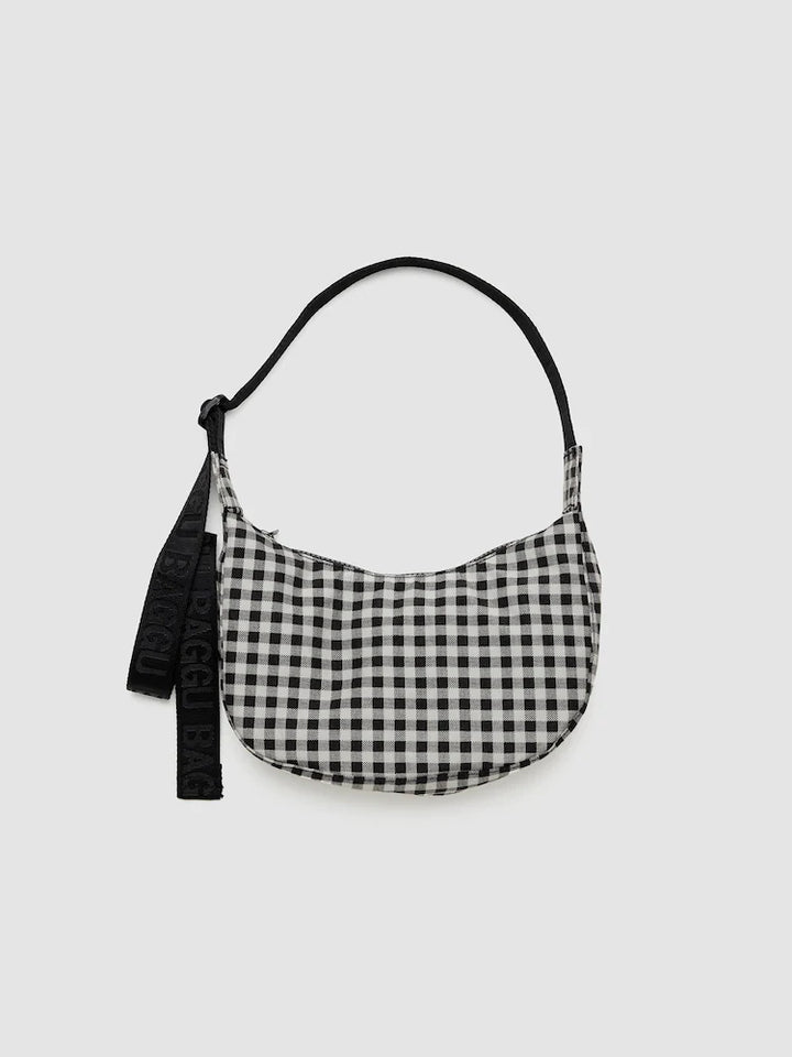 BAGGU Small Nylon Crescent Bag - Black and White Gingham
